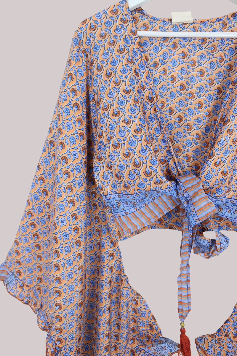 Venus Recycled Sari Wrap Top in Pretty as Peach Climbing Floral - Size S/M