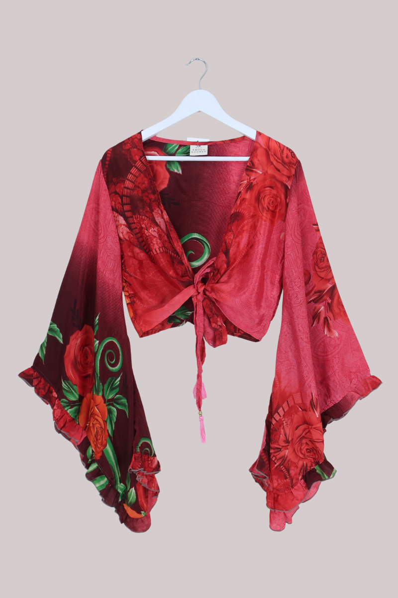 Venus Recycled Sari Wrap Top in Lovers Red Rose Garden - Size S/M