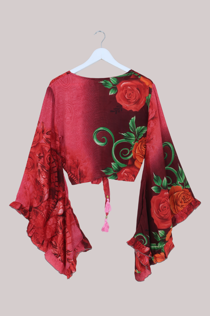 Venus Recycled Sari Wrap Top in Lovers Red Rose Garden - Size S/M