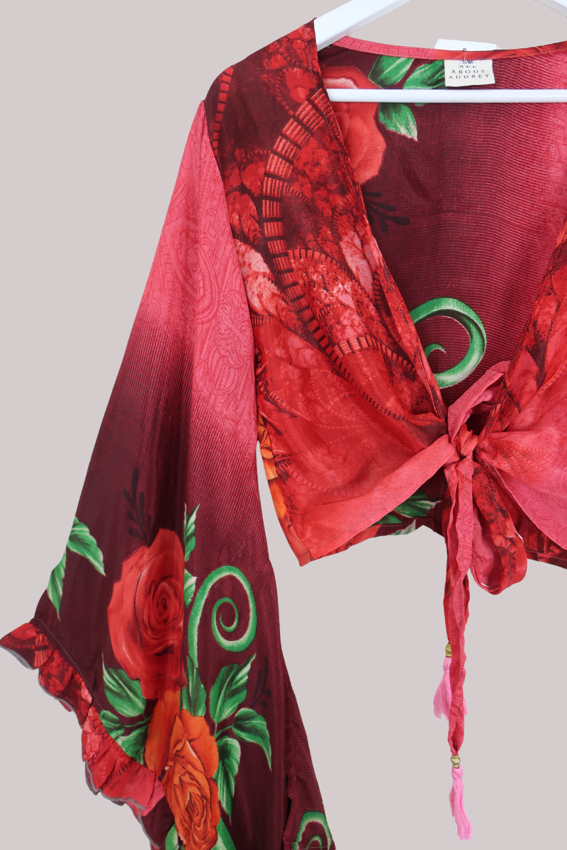 Venus Recycled Sari Wrap Top in Lovers Red Rose Garden - Size S/M