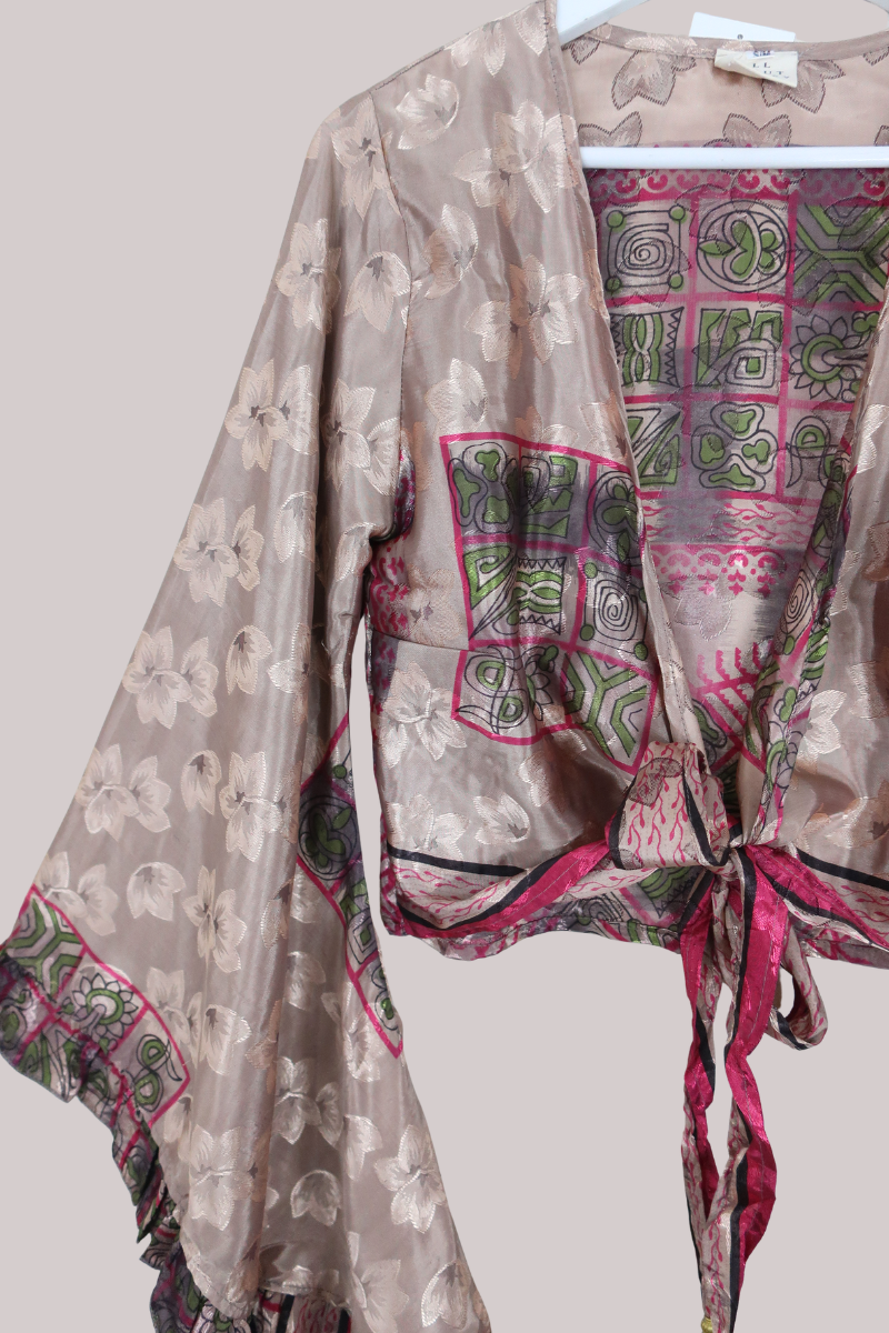 Venus Recycled Sari Wrap Top in Iron Ore Jacquard Floral - Size XS