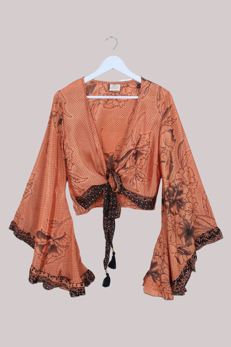 Venus Recycled Sari Wrap Top in Terracotta Orange & Black - Size M/L
