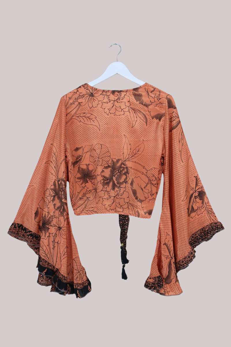 Venus Recycled Sari Wrap Top in Terracotta Orange & Black - Size M/L