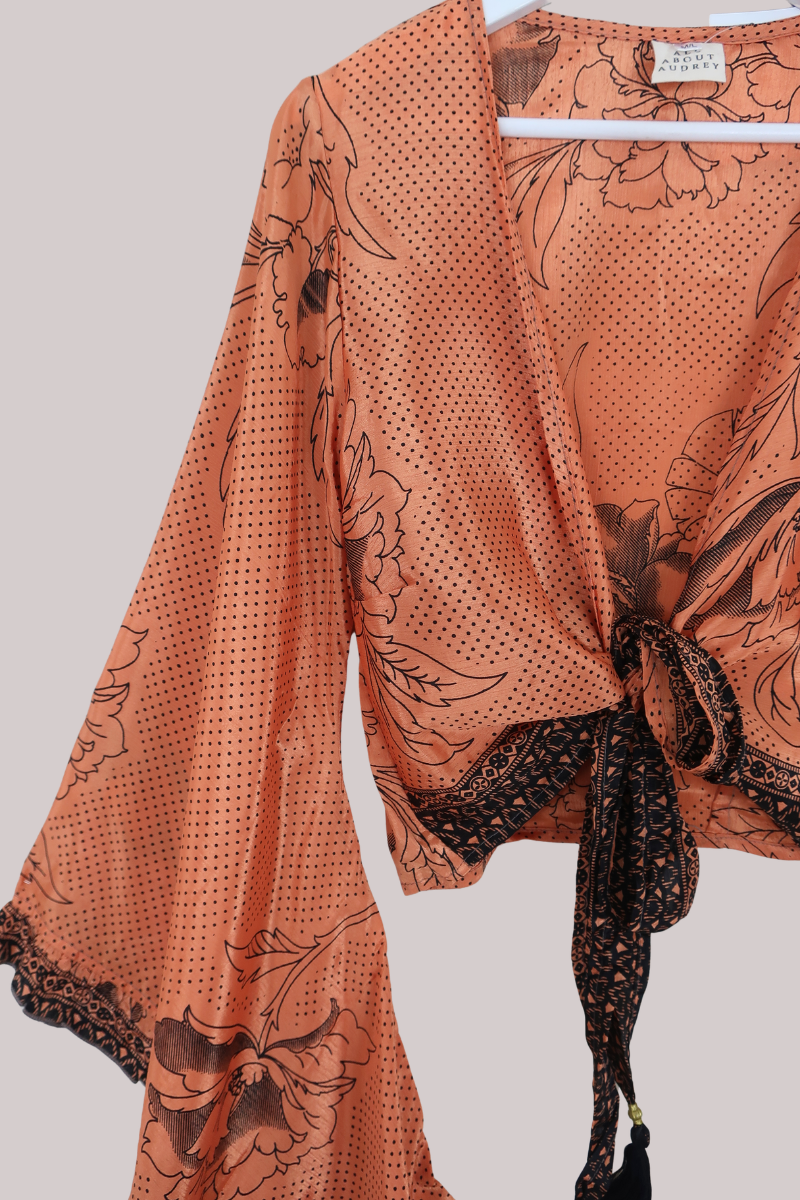 Venus Recycled Sari Wrap Top in Terracotta Orange & Black - Size M/L