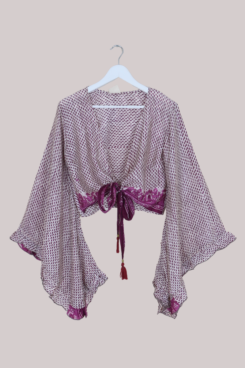 Venus Recycled Sari Wrap Top in Plum Purple Falling Leaves - Size S/M
