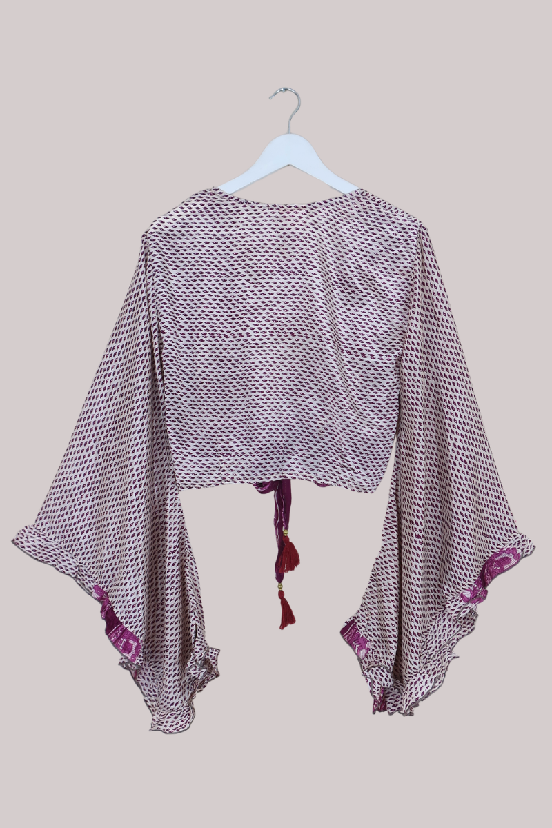 Venus Recycled Sari Wrap Top in Plum Purple Falling Leaves - Size S/M