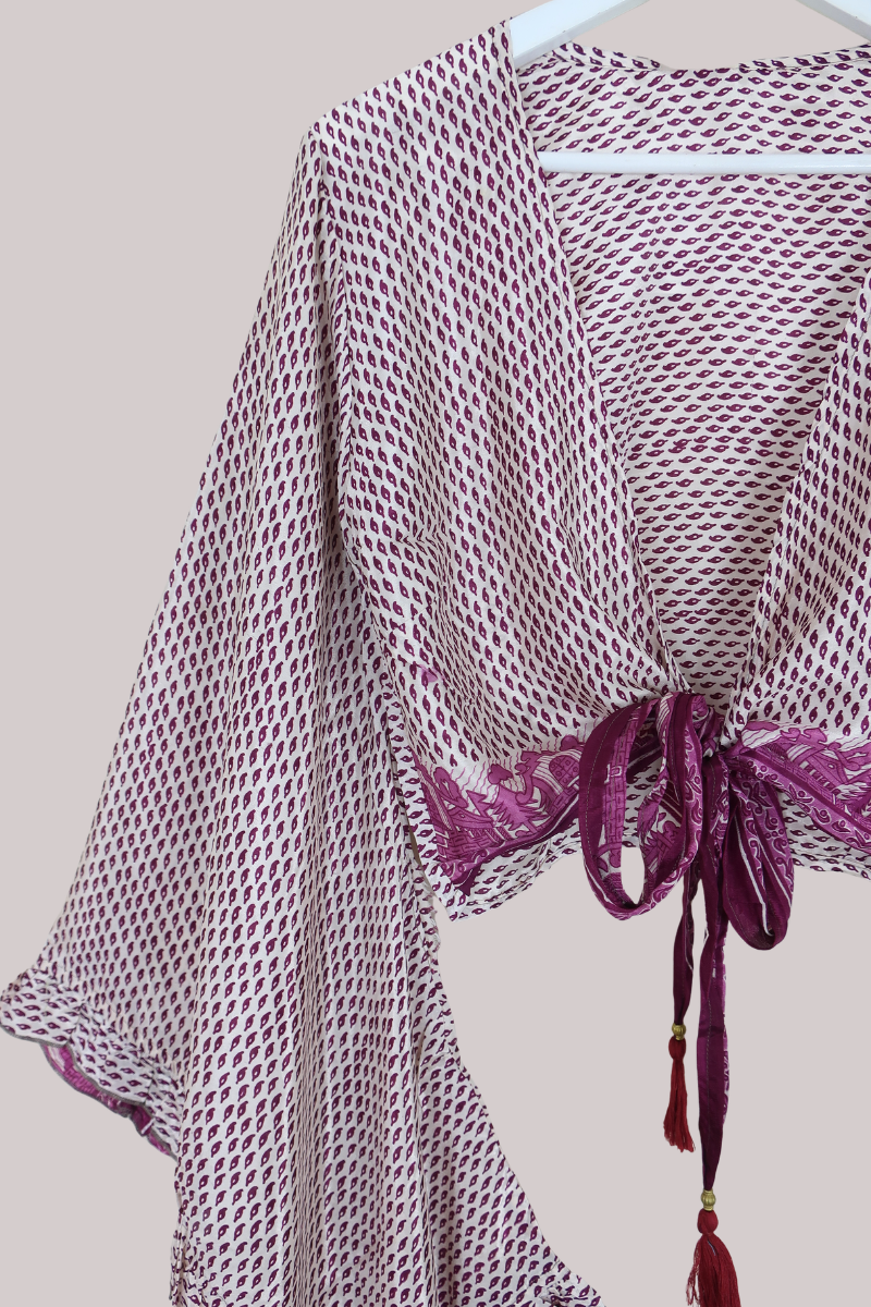Venus Recycled Sari Wrap Top in Plum Purple Falling Leaves - Size S/M