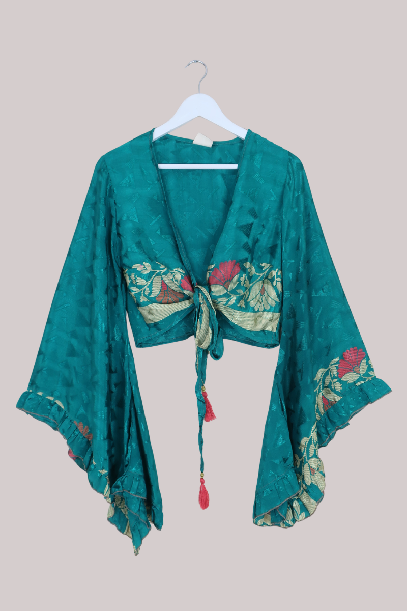 Venus Recycled Sari Wrap Top in Peacock Green Shimmer - Size S/M