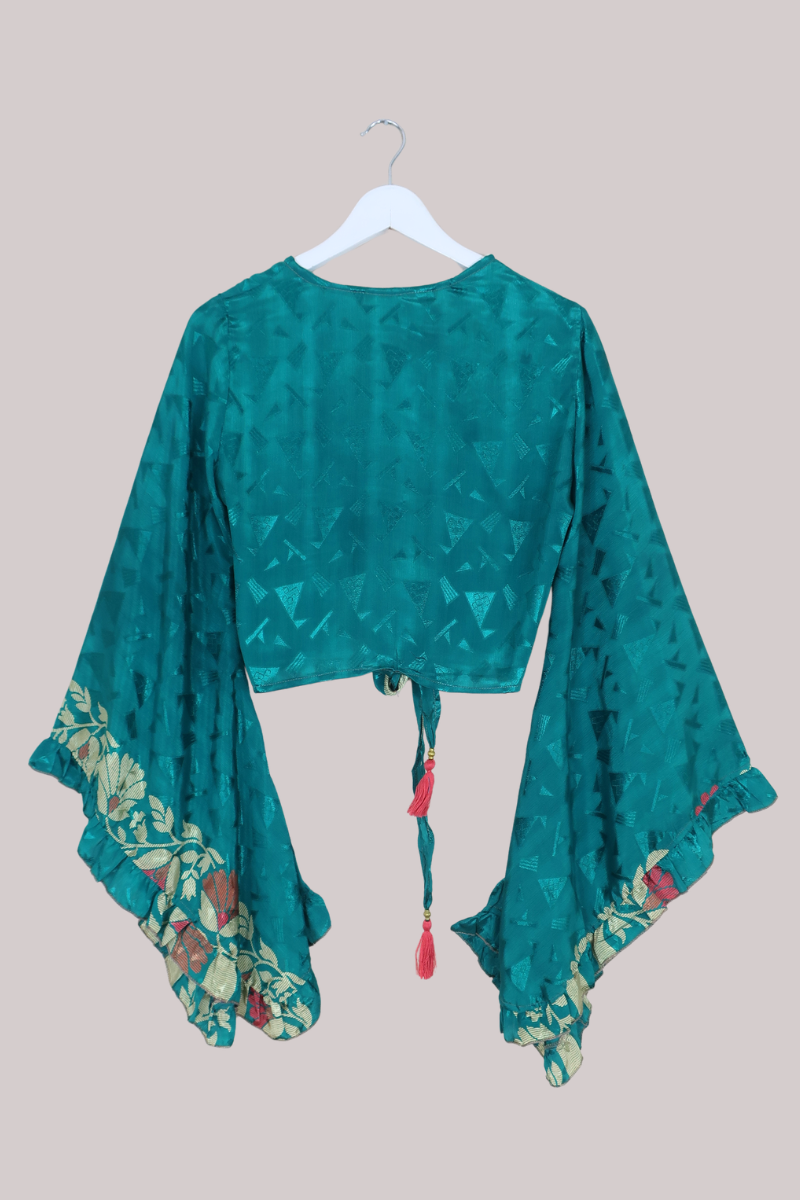 Venus Recycled Sari Wrap Top in Peacock Green Shimmer - Size S/M