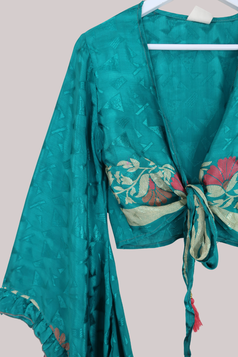 Venus Recycled Sari Wrap Top in Peacock Green Shimmer - Size S/M