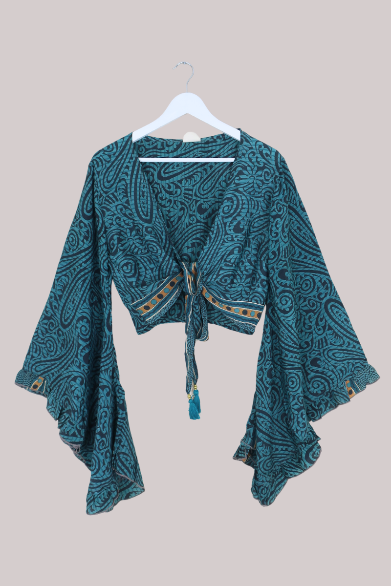 Venus Recycled Sari Wrap Top in Pewter & Jade - Size S/M