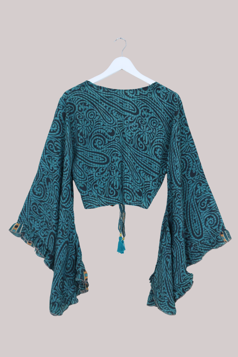 Venus Recycled Sari Wrap Top in Pewter & Jade - Size S/M