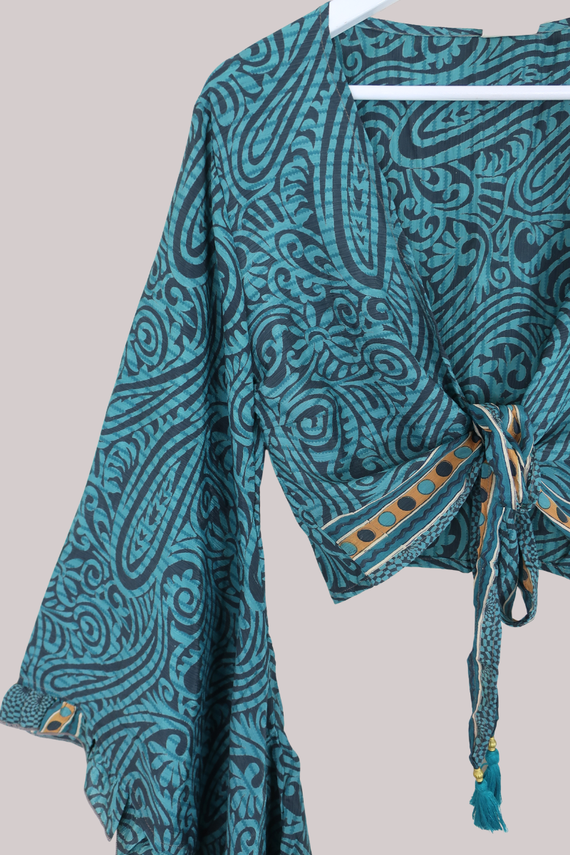 Venus Recycled Sari Wrap Top in Pewter & Jade - Size S/M