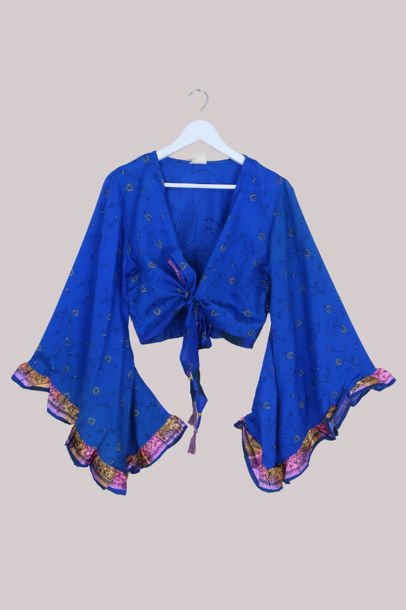 Venus Recycled Sari Wrap Top in Blue Diamond Floral - Size M/L