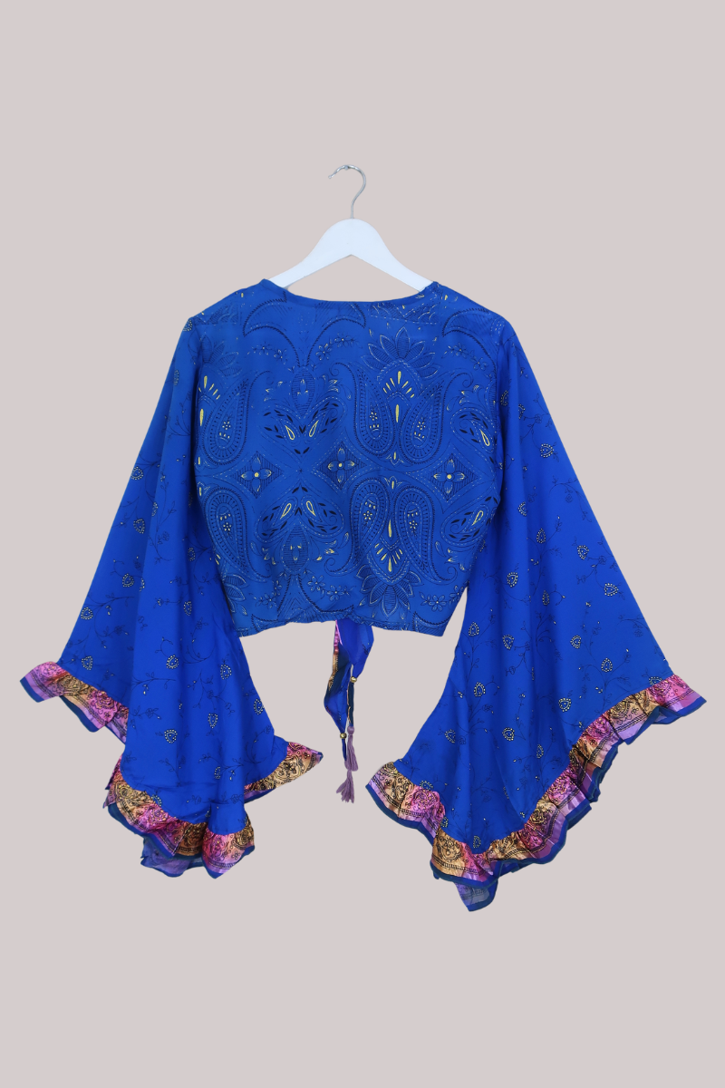 Venus Recycled Sari Wrap Top in Blue Diamond Floral - Size M/L