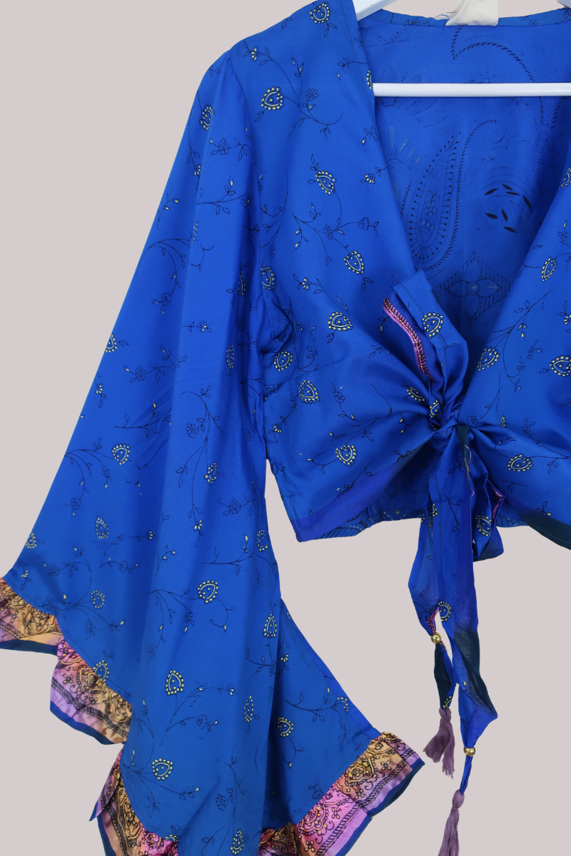 Venus Recycled Sari Wrap Top in Blue Diamond Floral - Size M/L