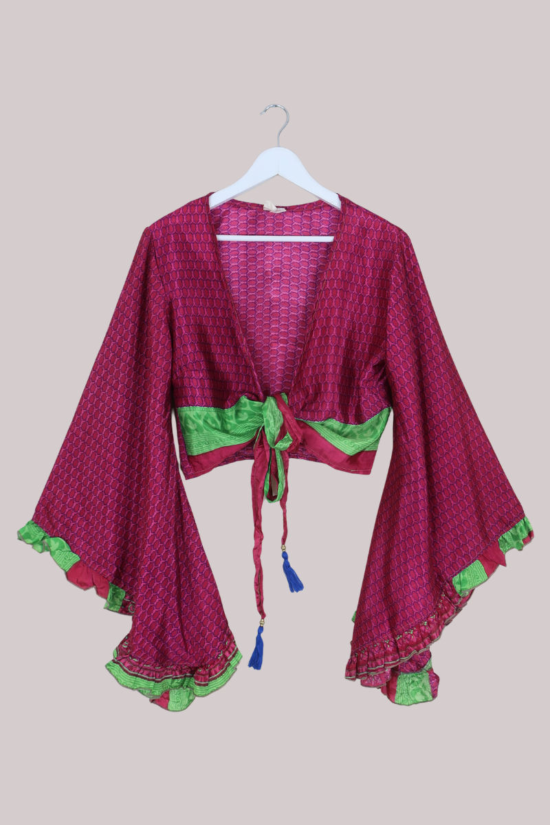 Venus Recycled Sari Wrap Top in Cerise Pink Tile Floral - Size M/L