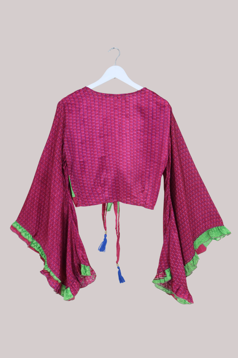 Venus Recycled Sari Wrap Top in Cerise Pink Tile Floral - Size M/L