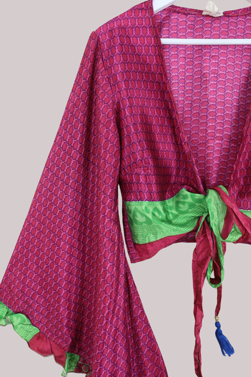 Venus Recycled Sari Wrap Top in Cerise Pink Tile Floral - Size M/L