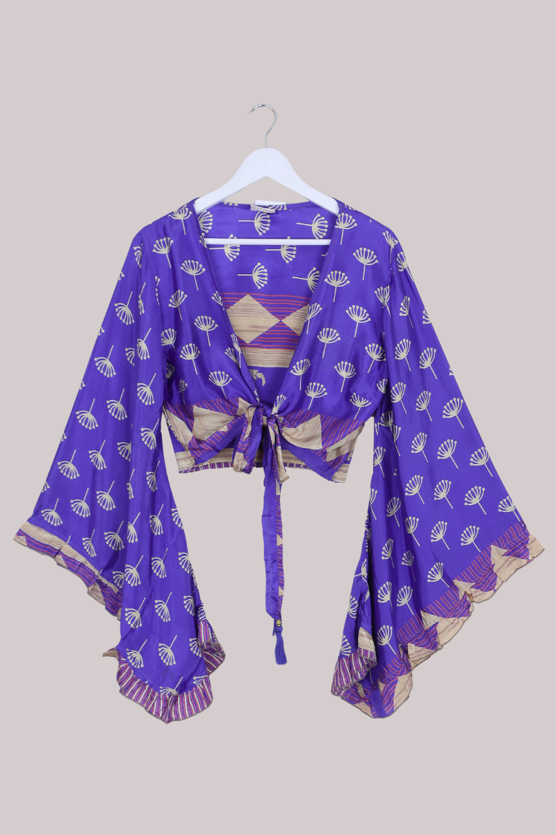 Venus Recycled Sari Wrap Top in Periwinkle Blue Dandelion Seeds - Size M/L