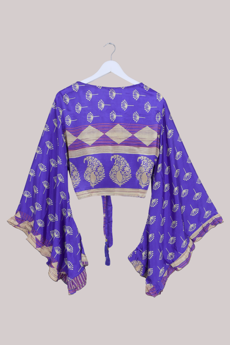 Venus Recycled Sari Wrap Top in Periwinkle Blue Dandelion Seeds - Size M/L