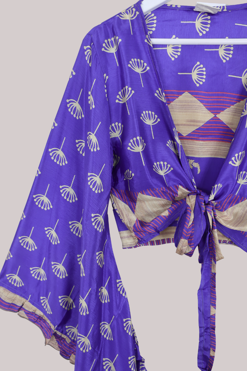 Venus Recycled Sari Wrap Top in Periwinkle Blue Dandelion Seeds - Size M/L