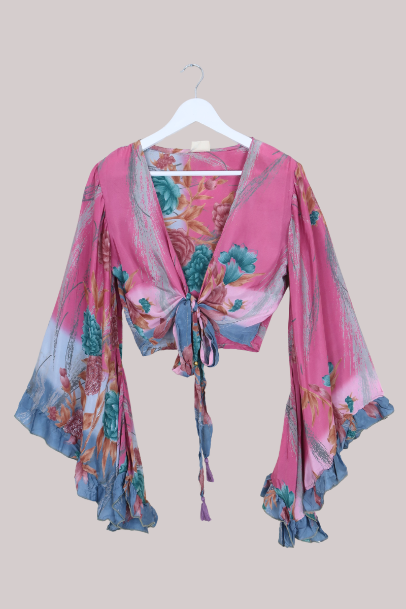 Venus Recycled Sari Wrap Top in Silky Pink & Turquoise Floral - Size S/M