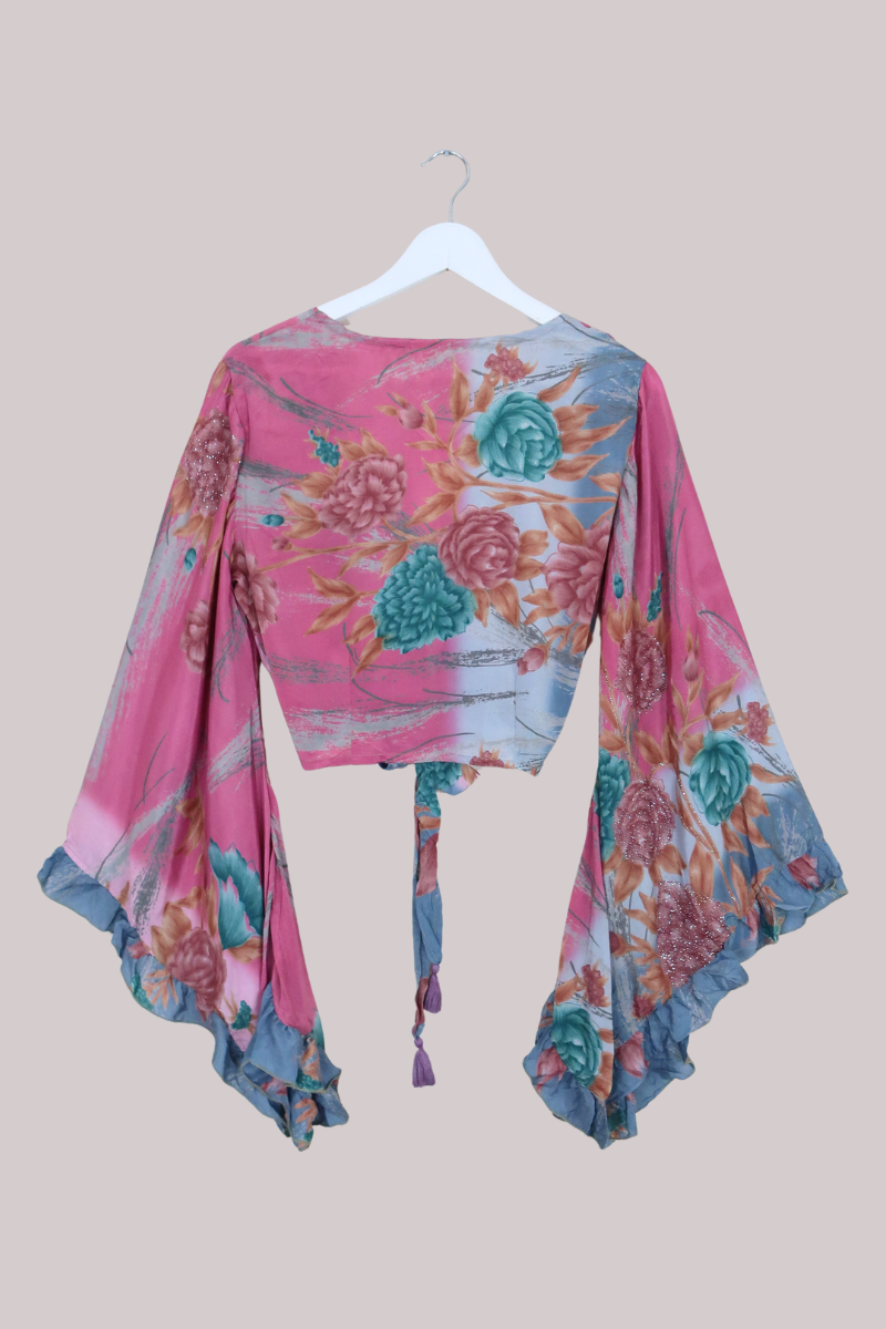 Venus Recycled Sari Wrap Top in Silky Pink & Turquoise Floral - Size S/M