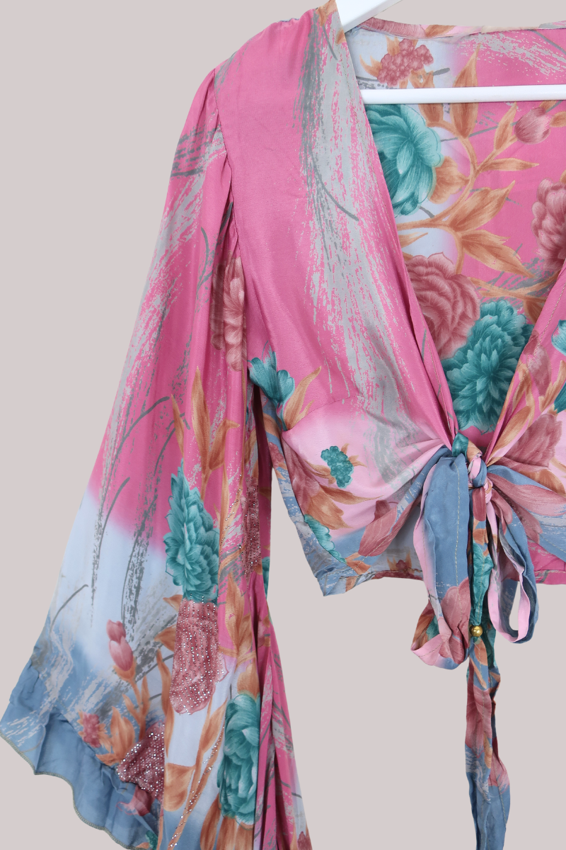Venus Recycled Sari Wrap Top in Silky Pink & Turquoise Floral - Size S/M