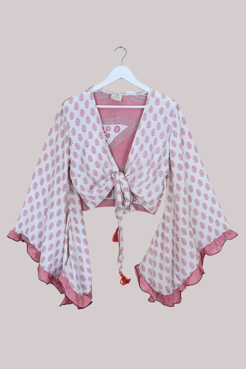 Venus Recycled Sari Wrap Top in Sweet Pea Pink Floral - Size M/L
