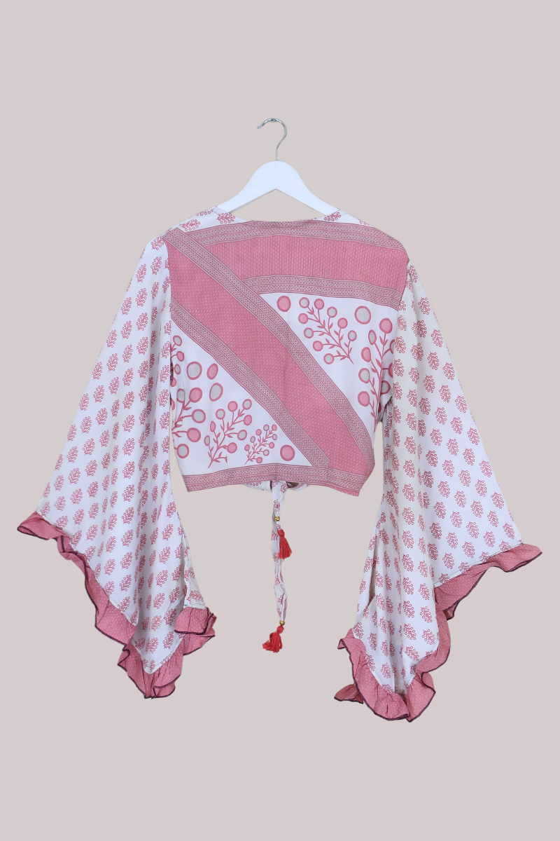 Venus Recycled Sari Wrap Top in Sweet Pea Pink Floral - Size M/L