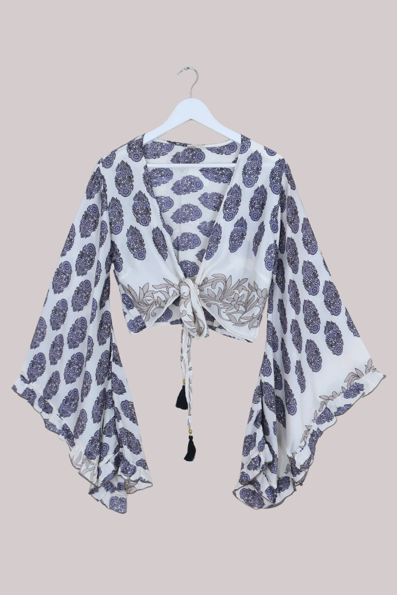Venus Recycled Sari Wrap Top in Icy Purple Hyacinths - Size S/M