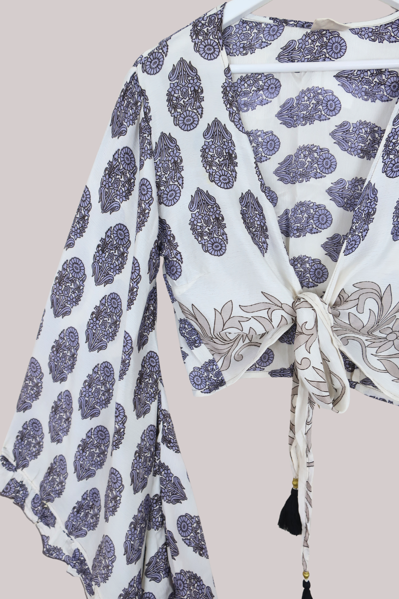 Venus Recycled Sari Wrap Top in Icy Purple Hyacinths - Size S/M