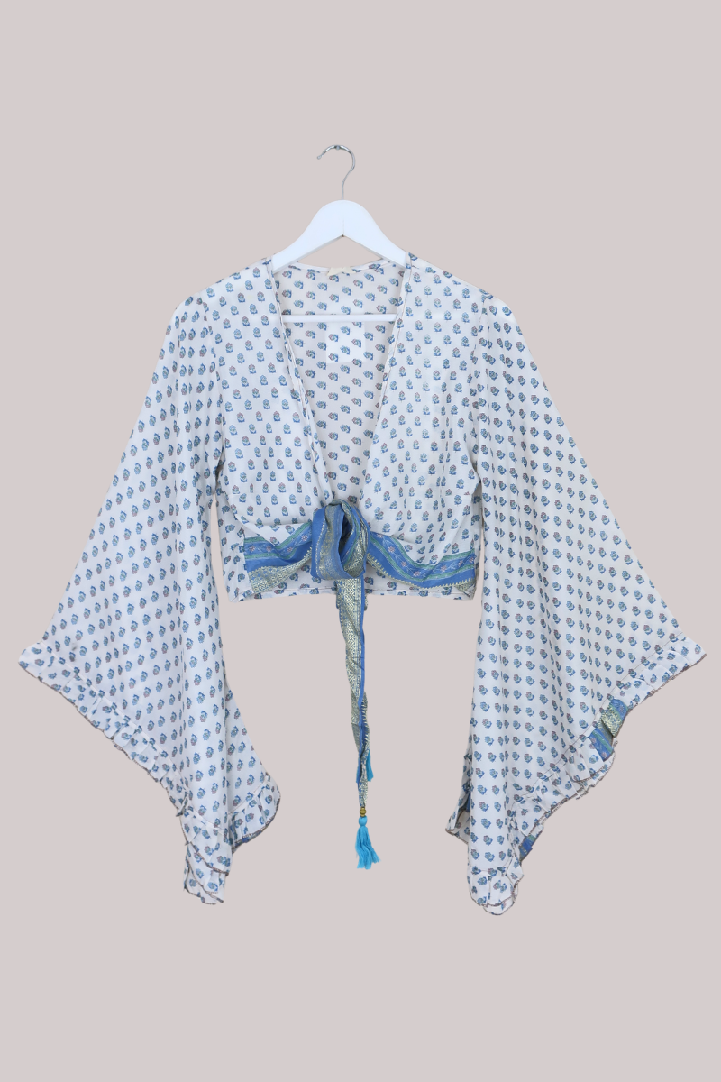 Venus Recycled Sari Wrap Top in Cerulean Blue Bedspread Floral - Size S/M