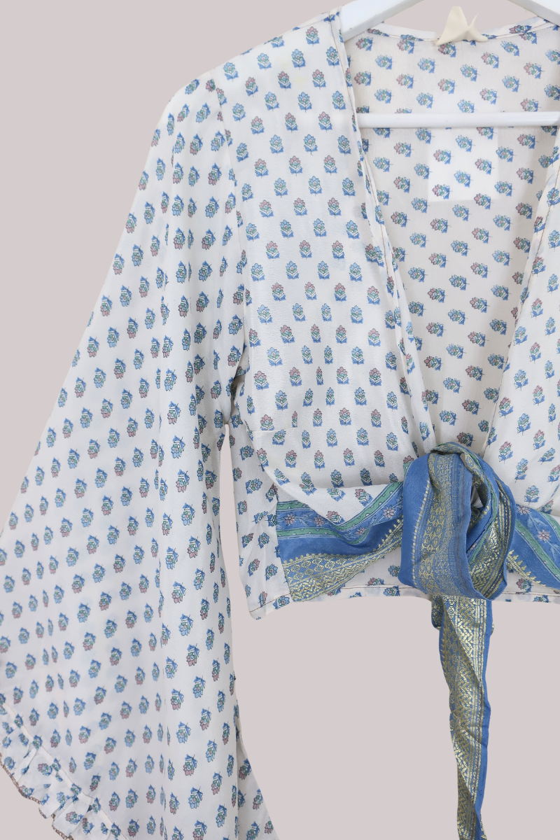 Venus Recycled Sari Wrap Top in Cerulean Blue Bedspread Floral - Size S/M