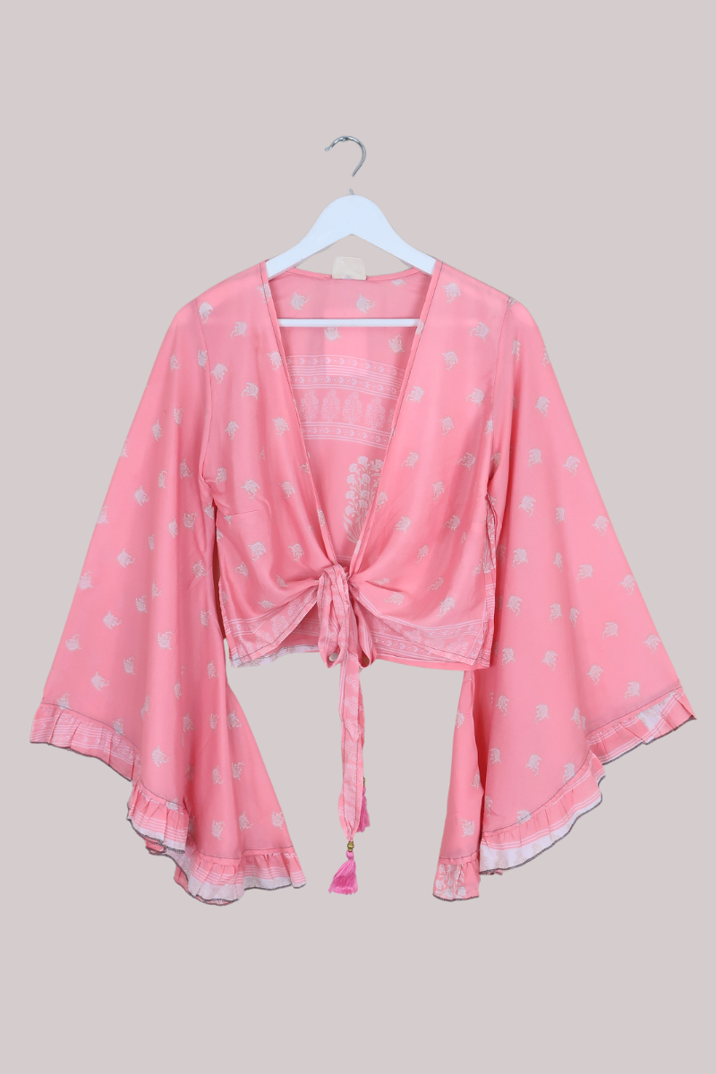 Venus Recycled Sari Wrap Top in Coral Pink Flowerbeds - Size S/M