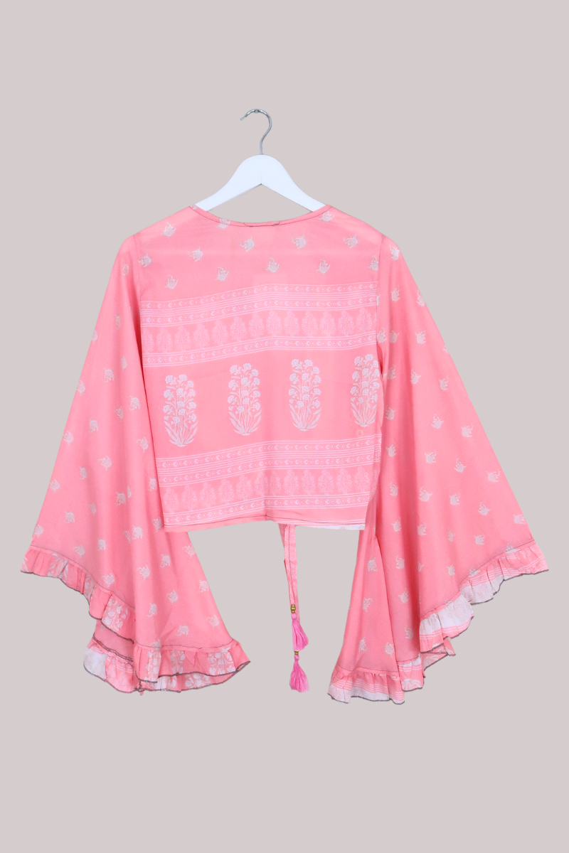 Venus Recycled Sari Wrap Top in Coral Pink Flowerbeds - Size S/M