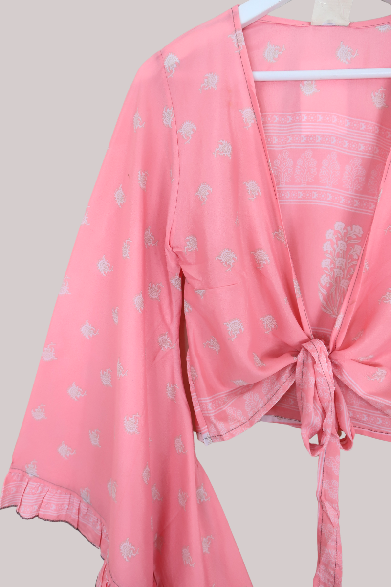 Venus Recycled Sari Wrap Top in Coral Pink Flowerbeds - Size S/M