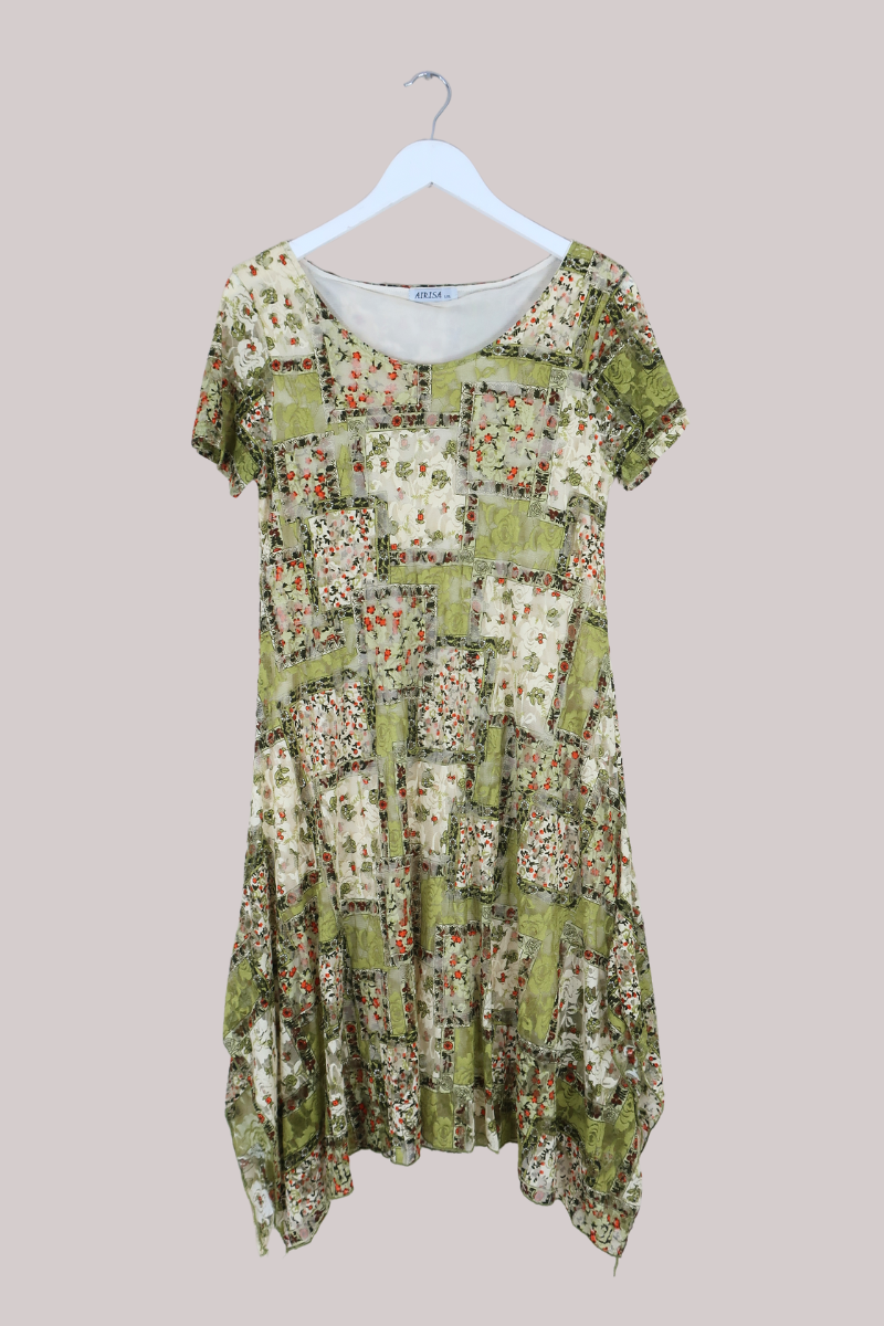 Vintage Dress - Pistachio Floral Patchwork - Size L/XL