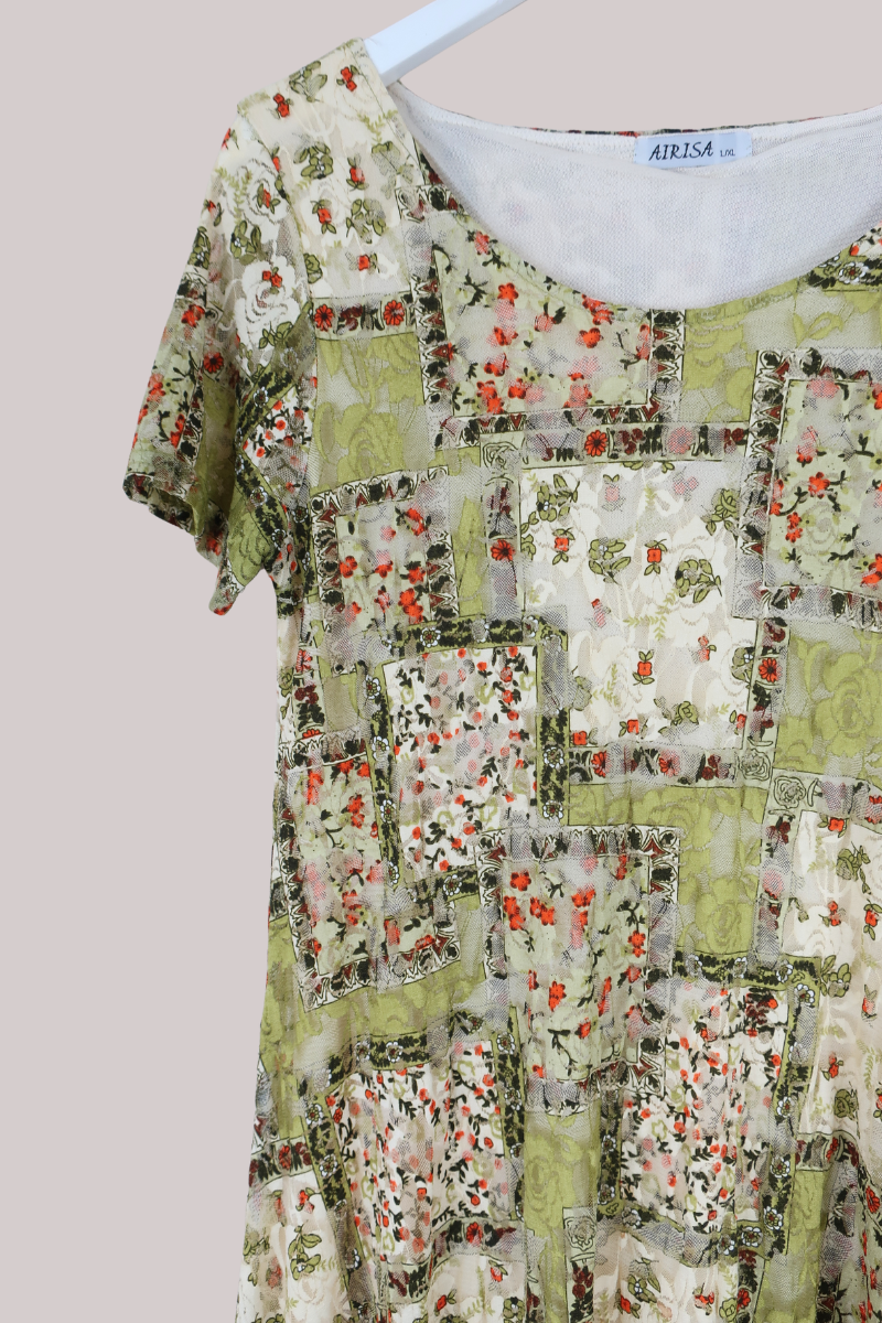 Vintage Dress - Pistachio Floral Patchwork - Size L/XL