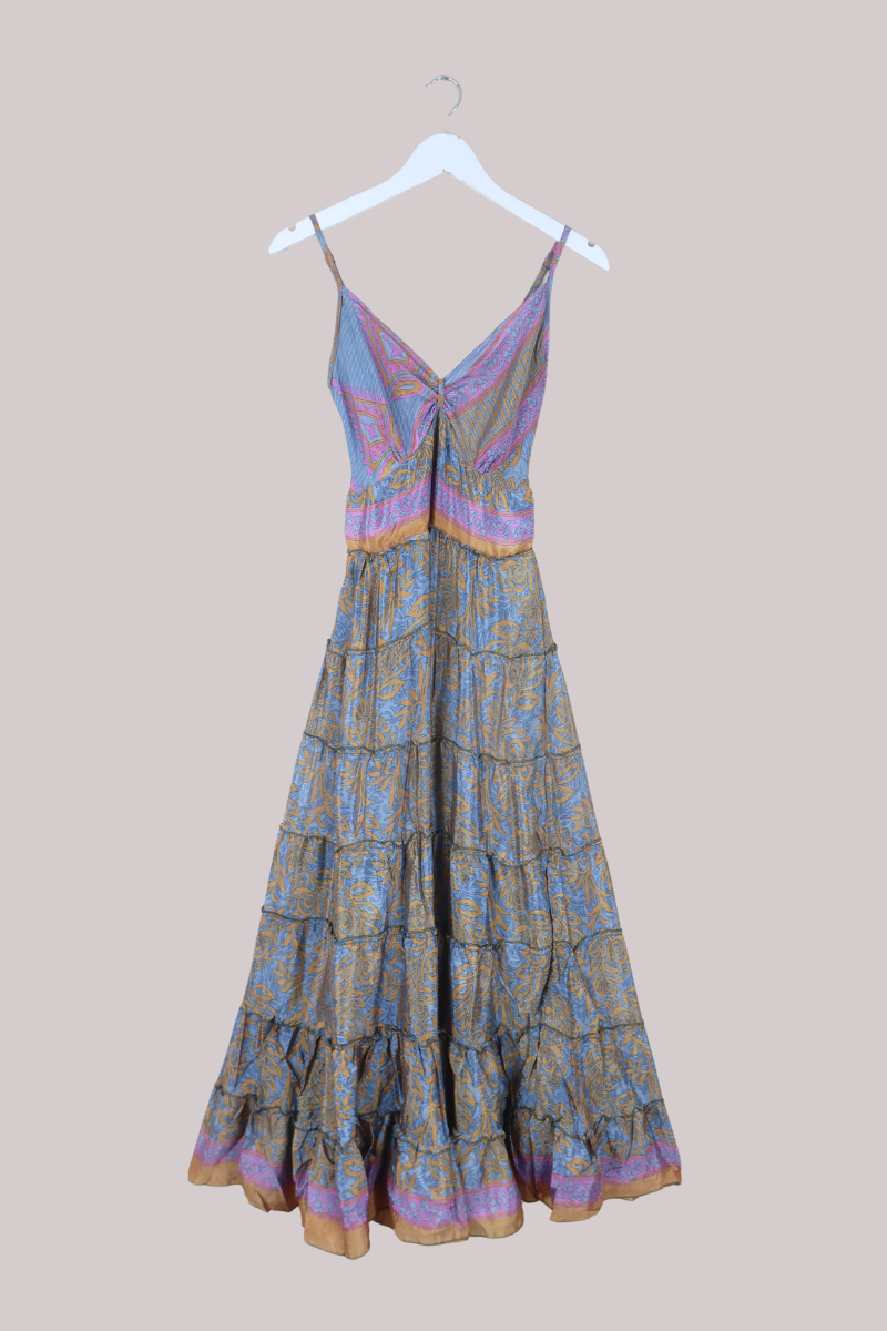 Delilah Recycled Sari Maxi Dress in Metallic Pastel Paisley - Size XS