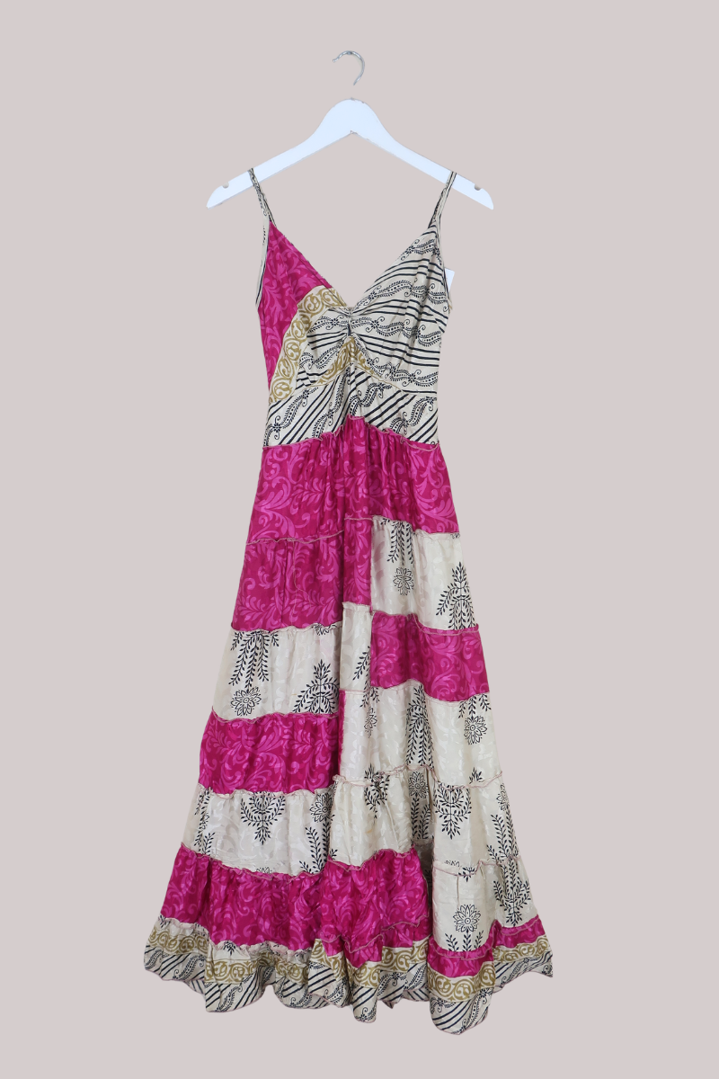 Delilah Recycled Sari Maxi Dress in Silky Fuschia Patchwork - Size XS