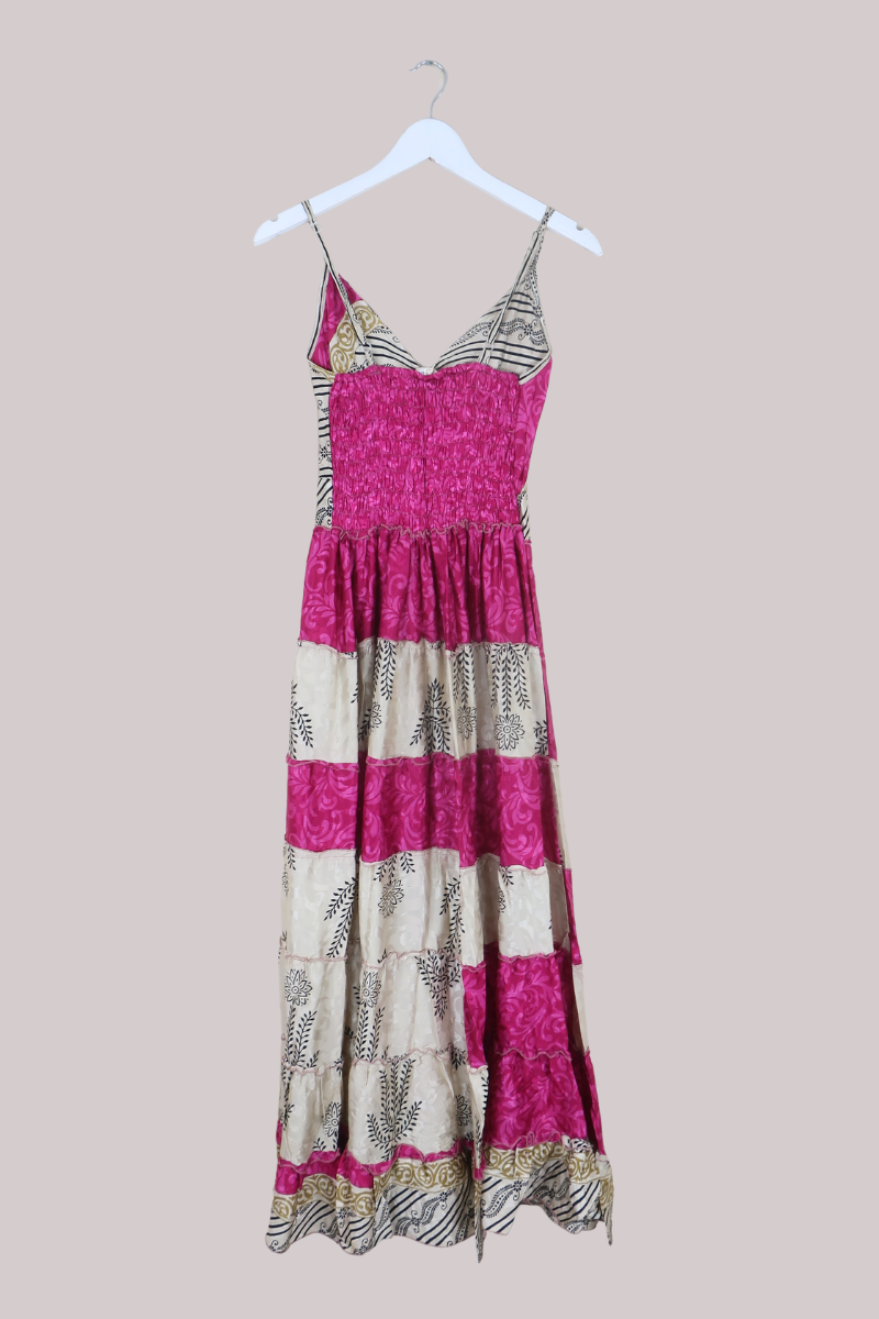 Delilah Recycled Sari Maxi Dress in Silky Fuschia Patchwork - Size XS