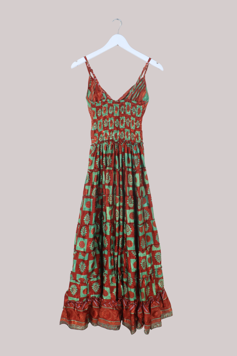 Delilah Recycled Sari Maxi Dress in Burnt Orange & Lime - Size XS