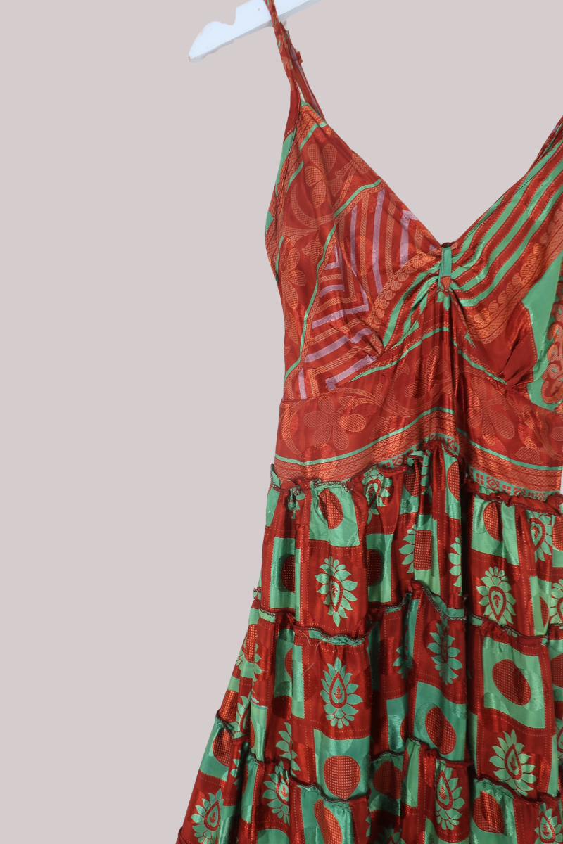 Delilah Recycled Sari Maxi Dress in Burnt Orange & Lime - Size XS