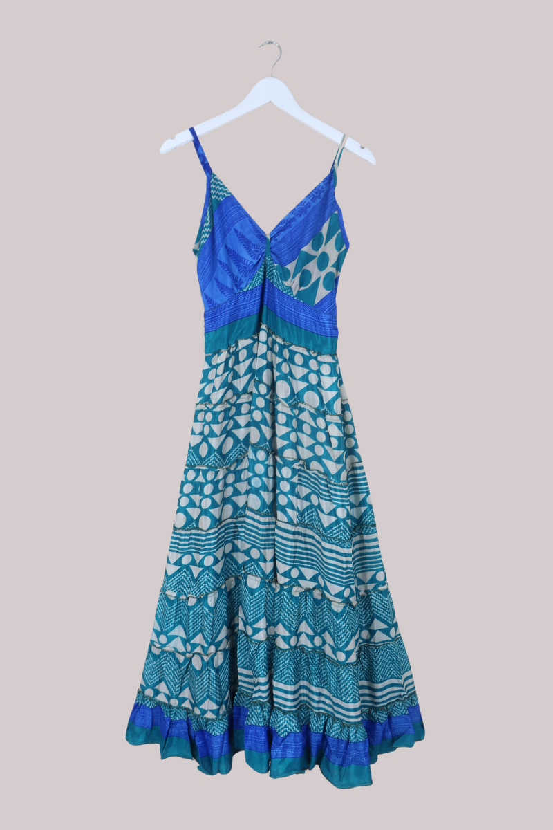 Delilah Recycled Sari Maxi Dress in Teal Geometric Print - Size XS
