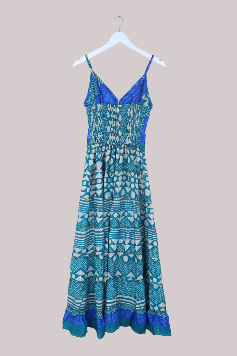 Delilah Recycled Sari Maxi Dress in Teal Geometric Print - Size XS