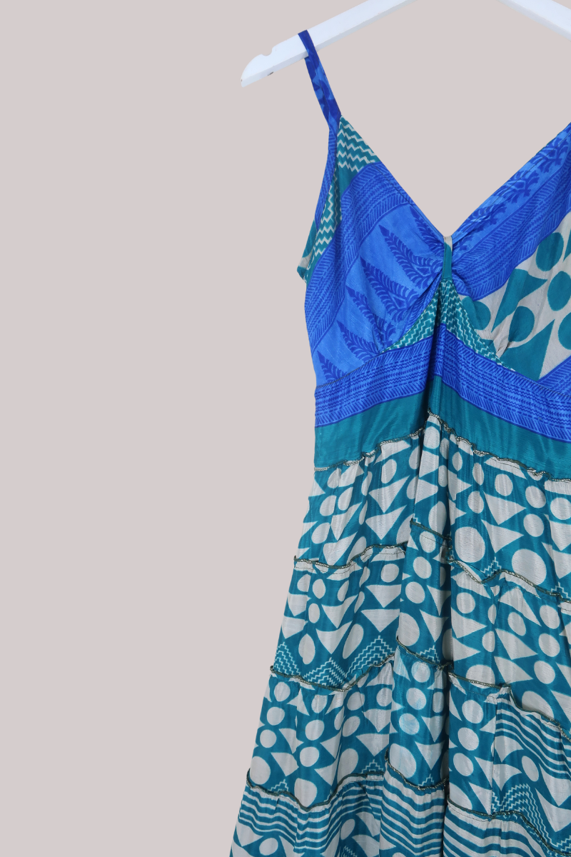 Delilah Recycled Sari Maxi Dress in Teal Geometric Print - Size XS