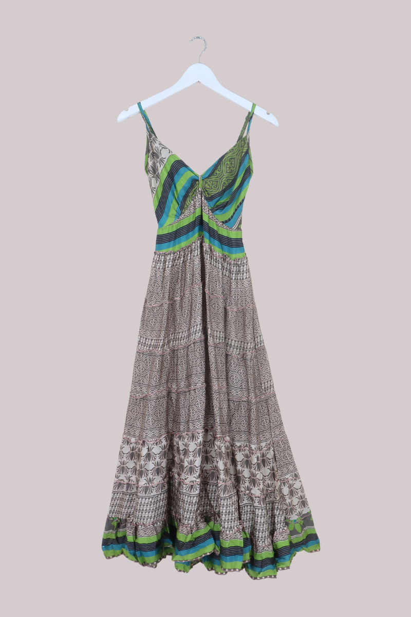 Delilah Recycled Sari Maxi Dress in Cool Brown & Lotus Green - Size XS