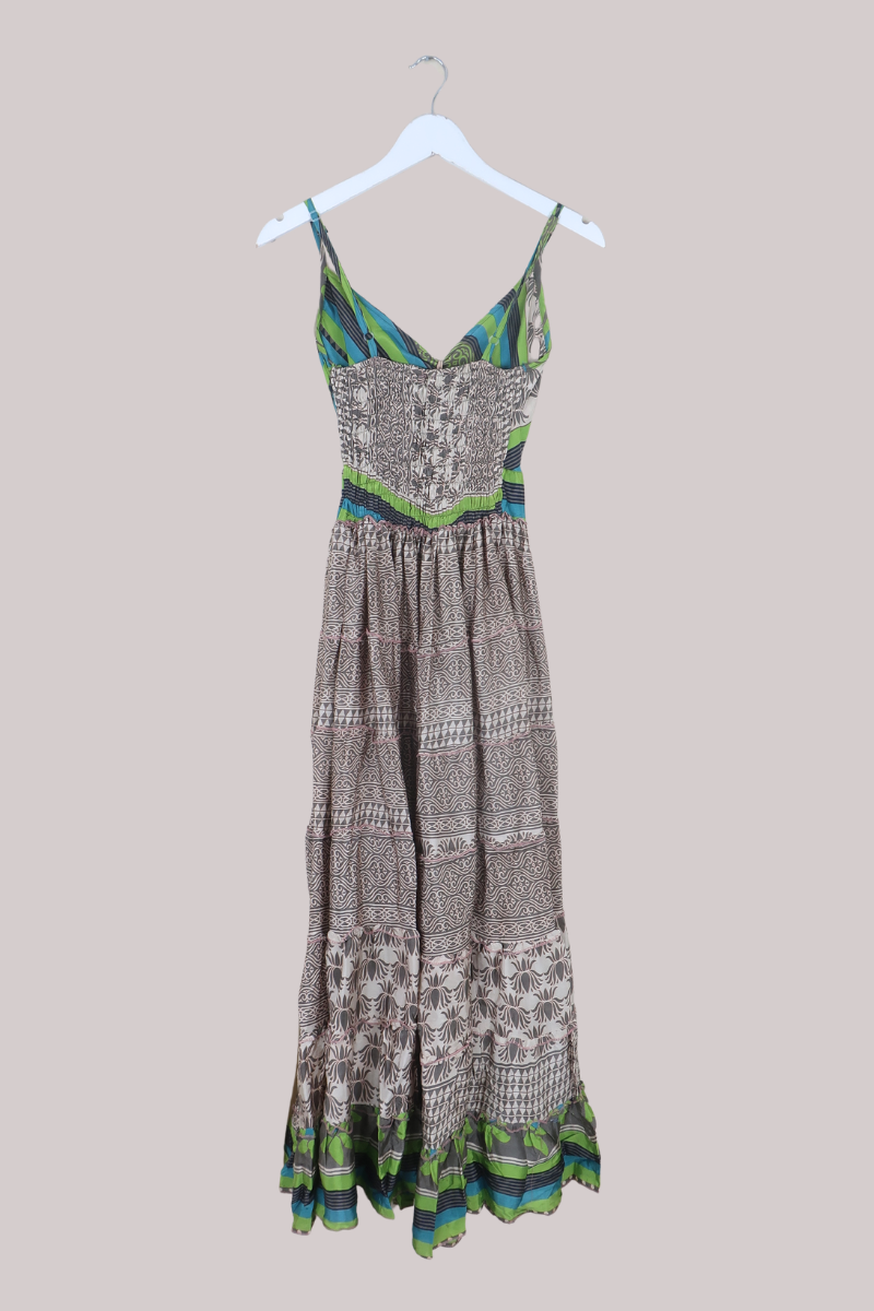 Delilah Recycled Sari Maxi Dress in Cool Brown & Lotus Green - Size XS